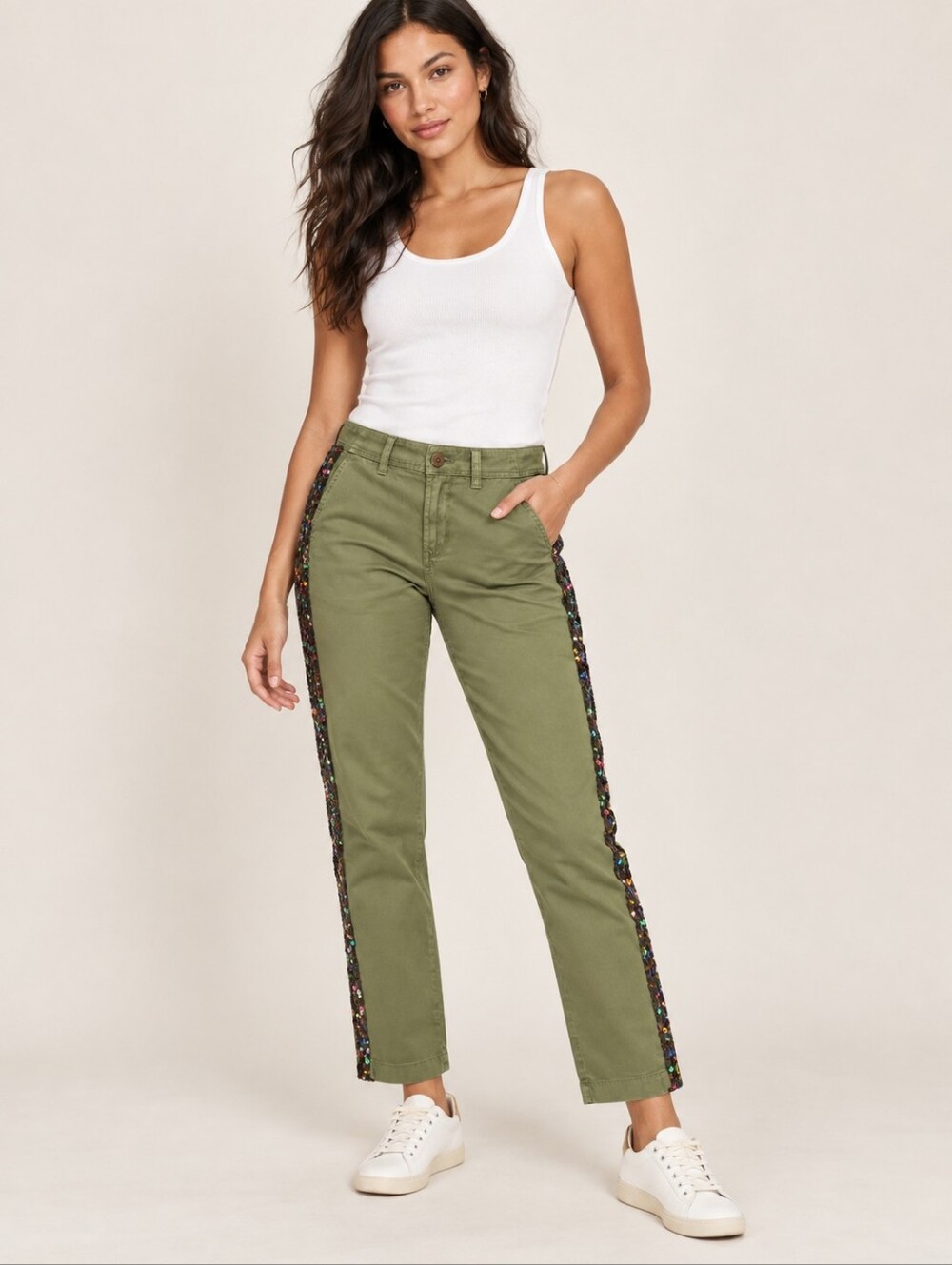 ❤️ NWT! J CREW SEQUIN SIDE STRIPE STRAIGHT LEG CHINO PANTS, 2P (26 PETITE)